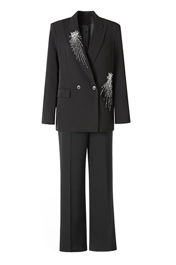 Traje de mujer de doble botonadura de 2 piezas con cuentas negras brillantes